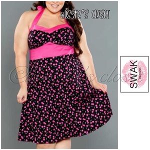 SWAK Designs Black & Hot Pink Cherry Halter Rockabilly Pinup Swing Dress 2X